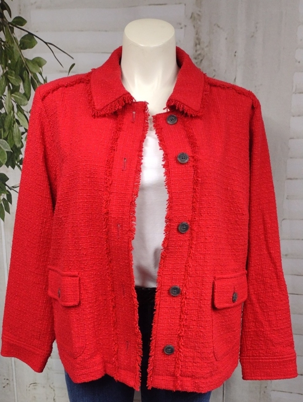 J. Jill Vibrant Red Tweed Frayed-Trim Button Jacket Size 2X